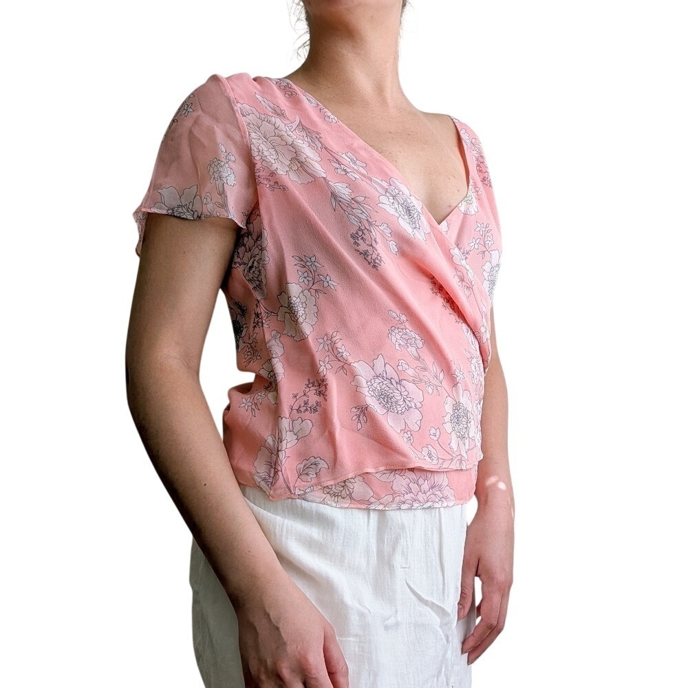 Vintage 90s Whimsy Boho Pink Floral Plunging Draping Silk Blouse - Picture 3 of 7